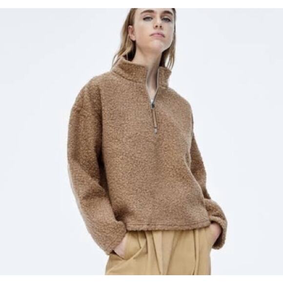 Zara Basic Womens Textured Teddy Quarter Zip Sweatshirt Large Cozy Long Sleeves - Picture 8 of 8